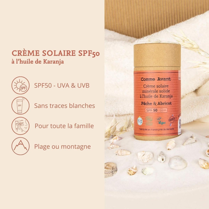Crème Solaire Minérale Solide SPF50 à l'Huile de Karanja Pêche & Abricot