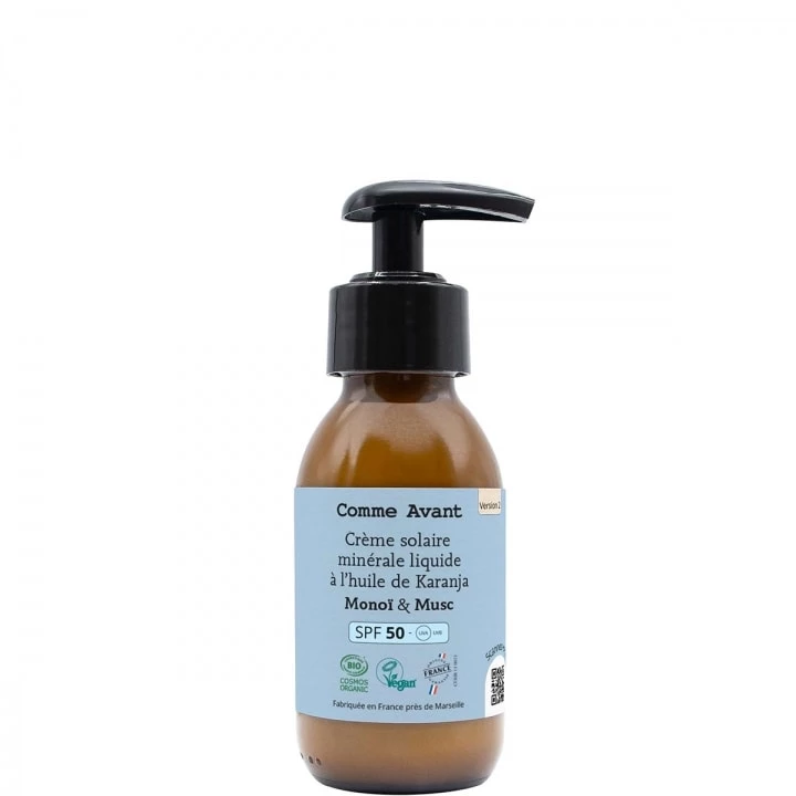 Crème solaire liquide minérale SPF 50 Monoï & Musc 90 ml - Comme Avant - Incenza