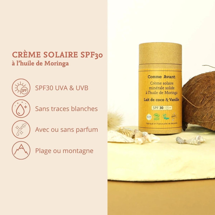Crème solaire minérale SPF 30 à l'huile de Moringa Lait de coco & Vanille