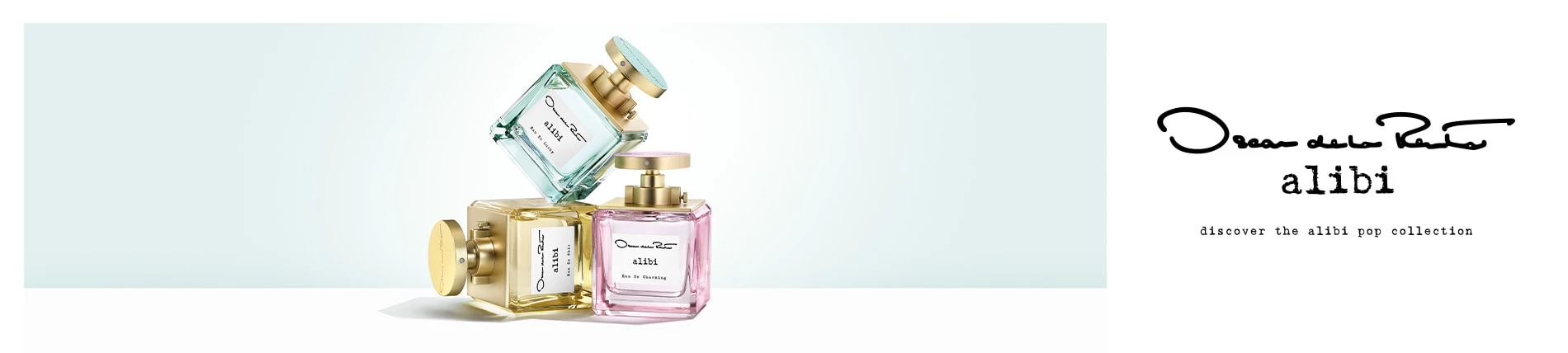 Bannière Oscar de la Renta Alibi Pop présentant les parfums Alibi Pop dans des flacons colorés OSCAR DE LA RENTA